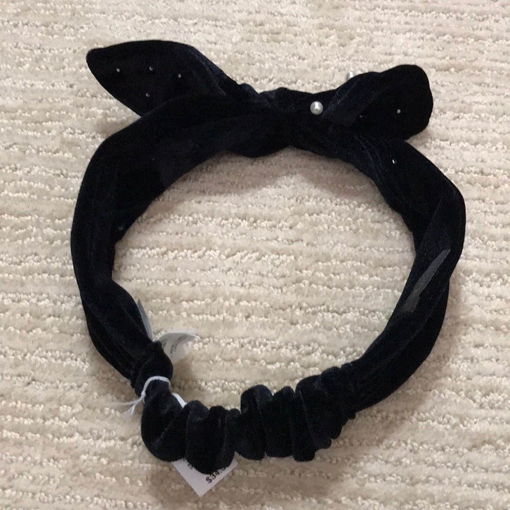 J.Crew Black Suede Pearl Twisted Bow Hairband - Picture 2 of 6